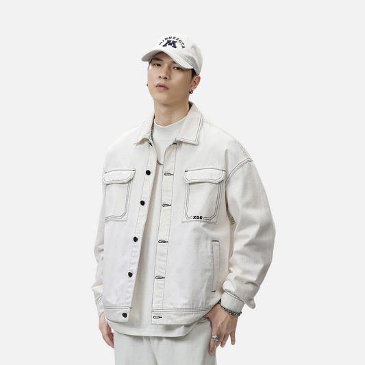 OVERSIZE CONTRAST STITCH JACKET - WHITE